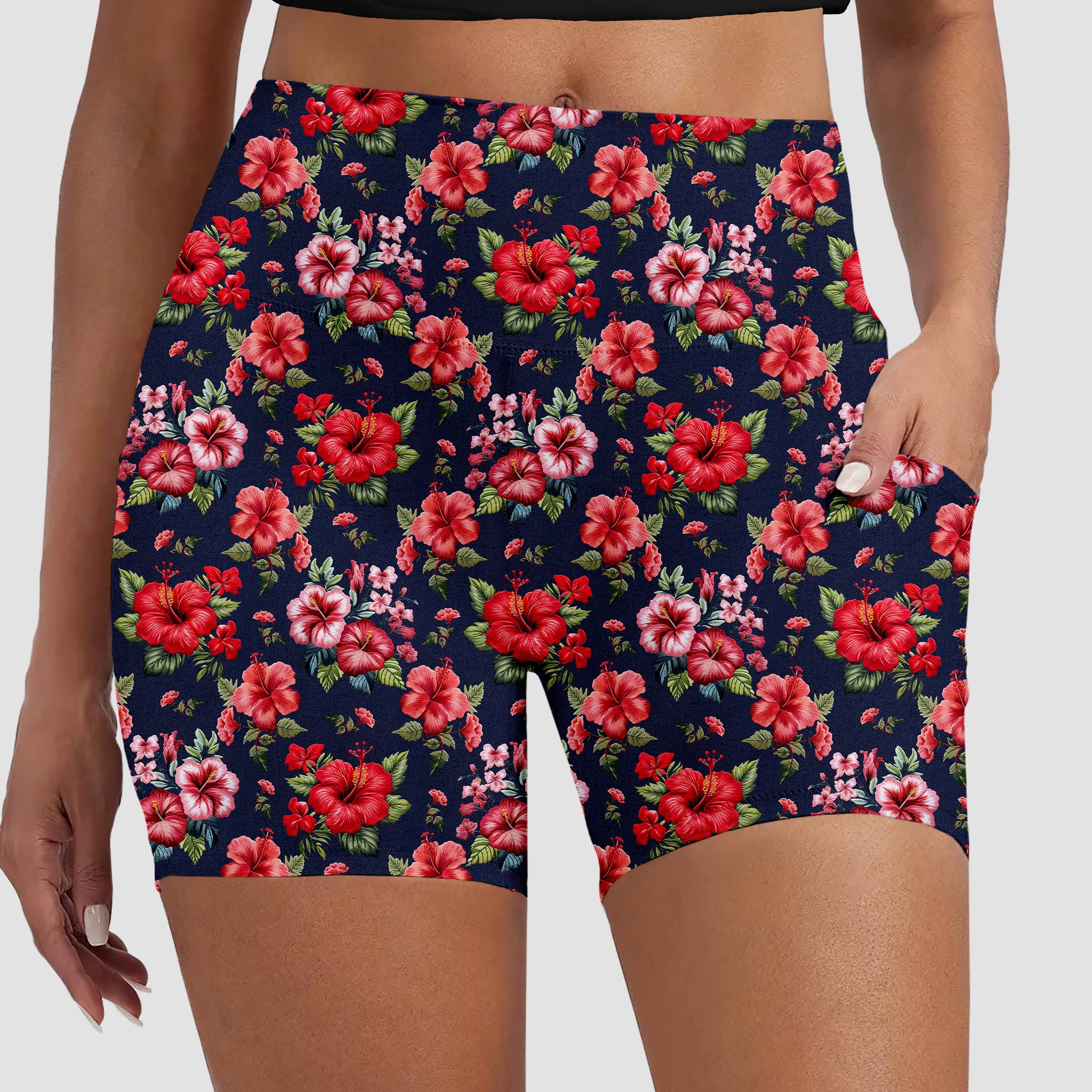 RTS - Denim Hibiscus Biker Shorts w/ Pockets