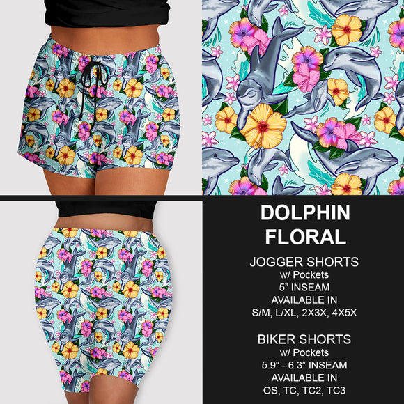 Dolphin Floral Print SUper Soft Stretchy  Jogger or Biker Shorts w/ Pockets