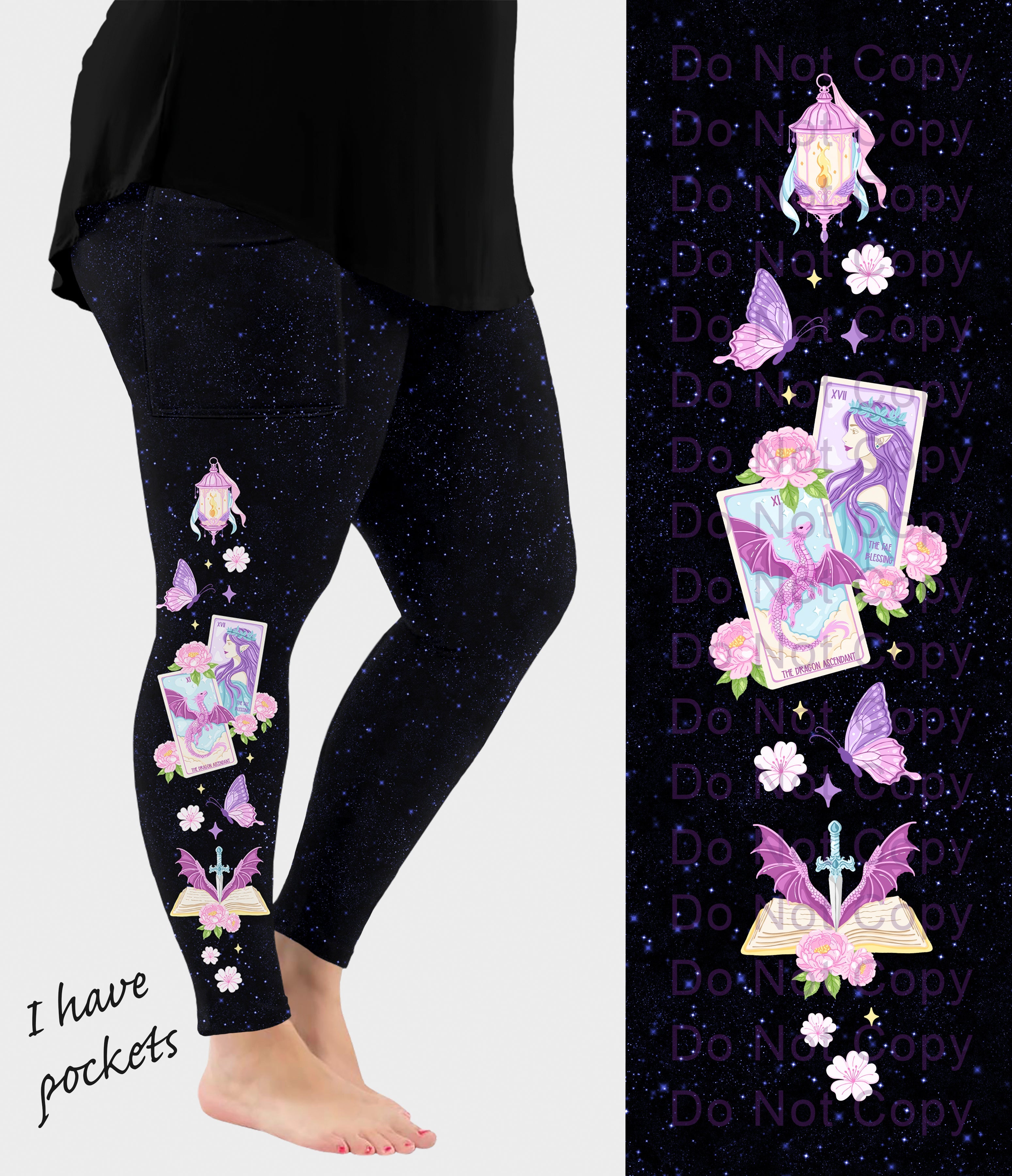 RTS - Dragon and Fae Side Design Leggings with Pockets