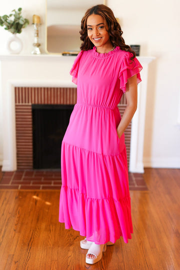 Perfectly You Hot Pink Mock Neck Tiered Chiffon Maxi Dress