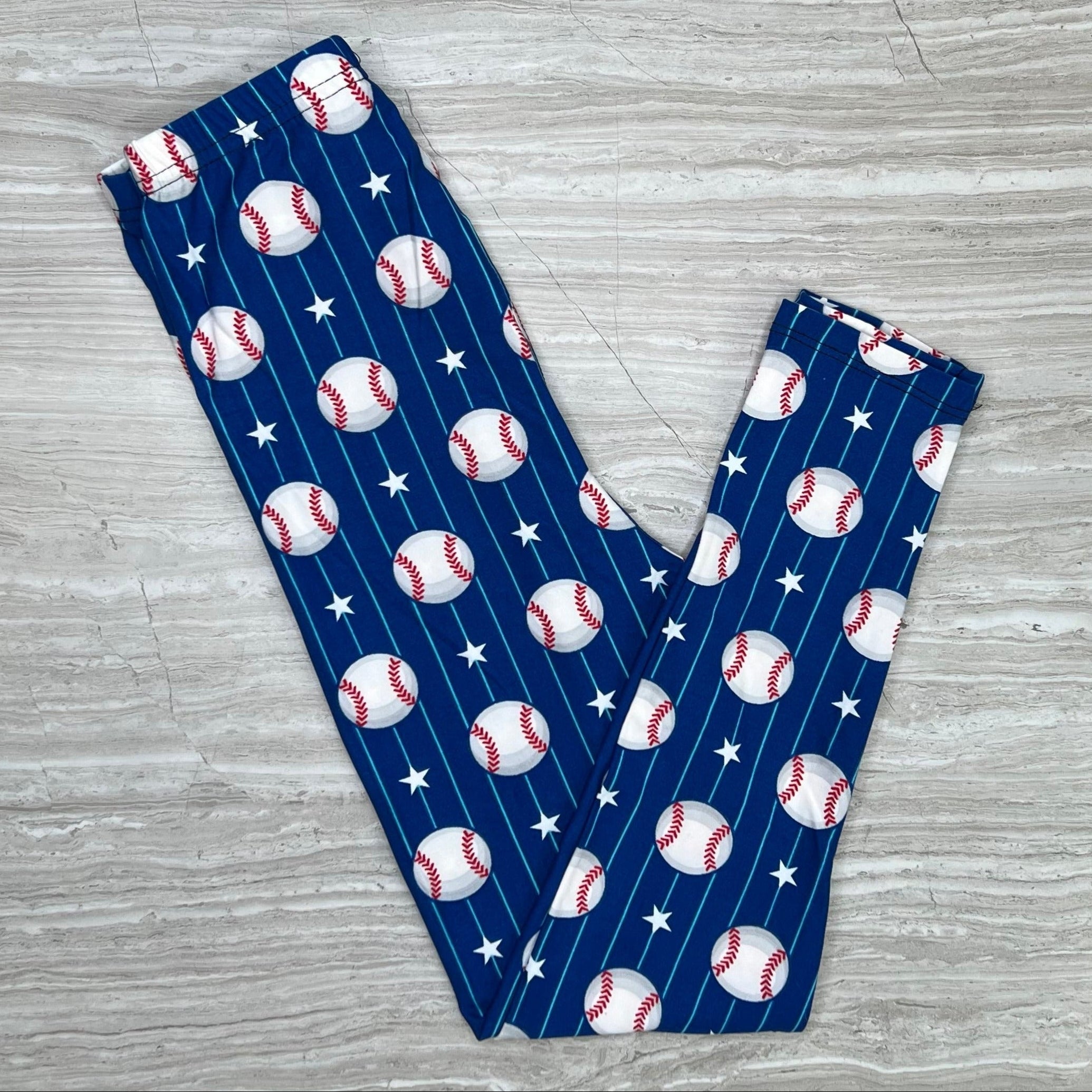 Baseball Pin Stripe Blue Soft Leggings - Adult & Kid Sizes