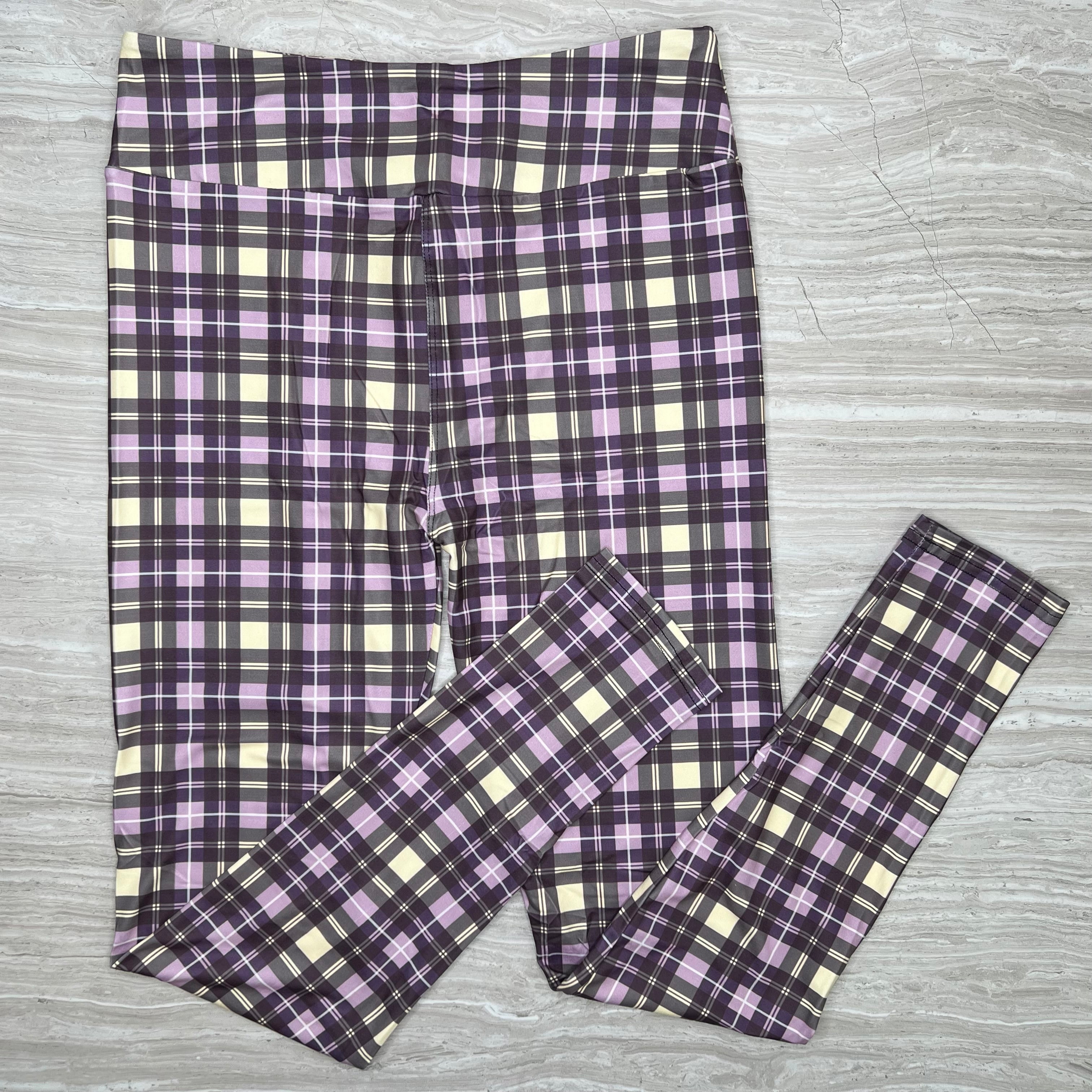 Vintage Lilac Purple Plaid Print Soft Leggings