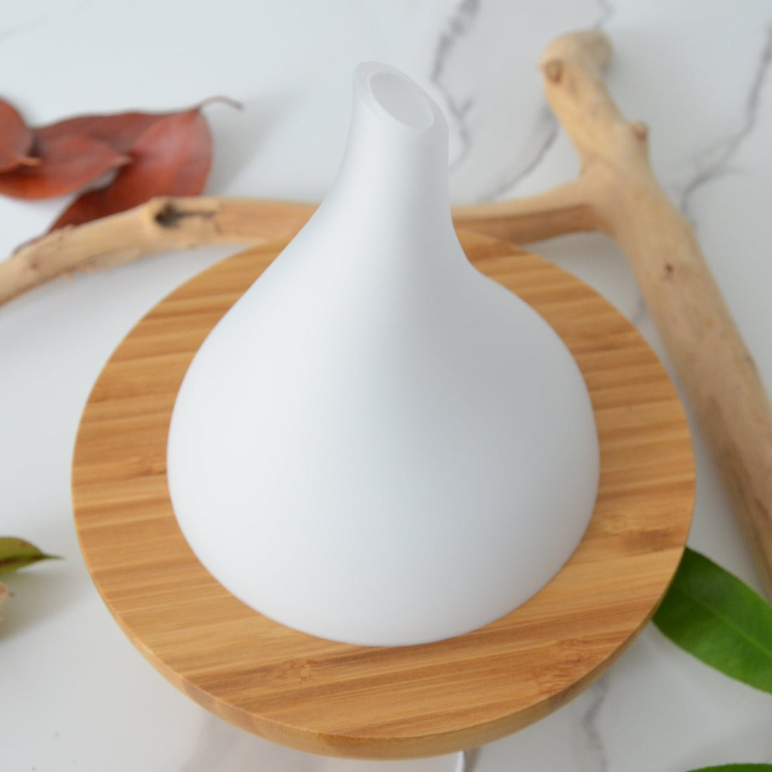 Bamboo Ultrasonic Aroma Diffuser - Pear Shaped White Glass Bowl