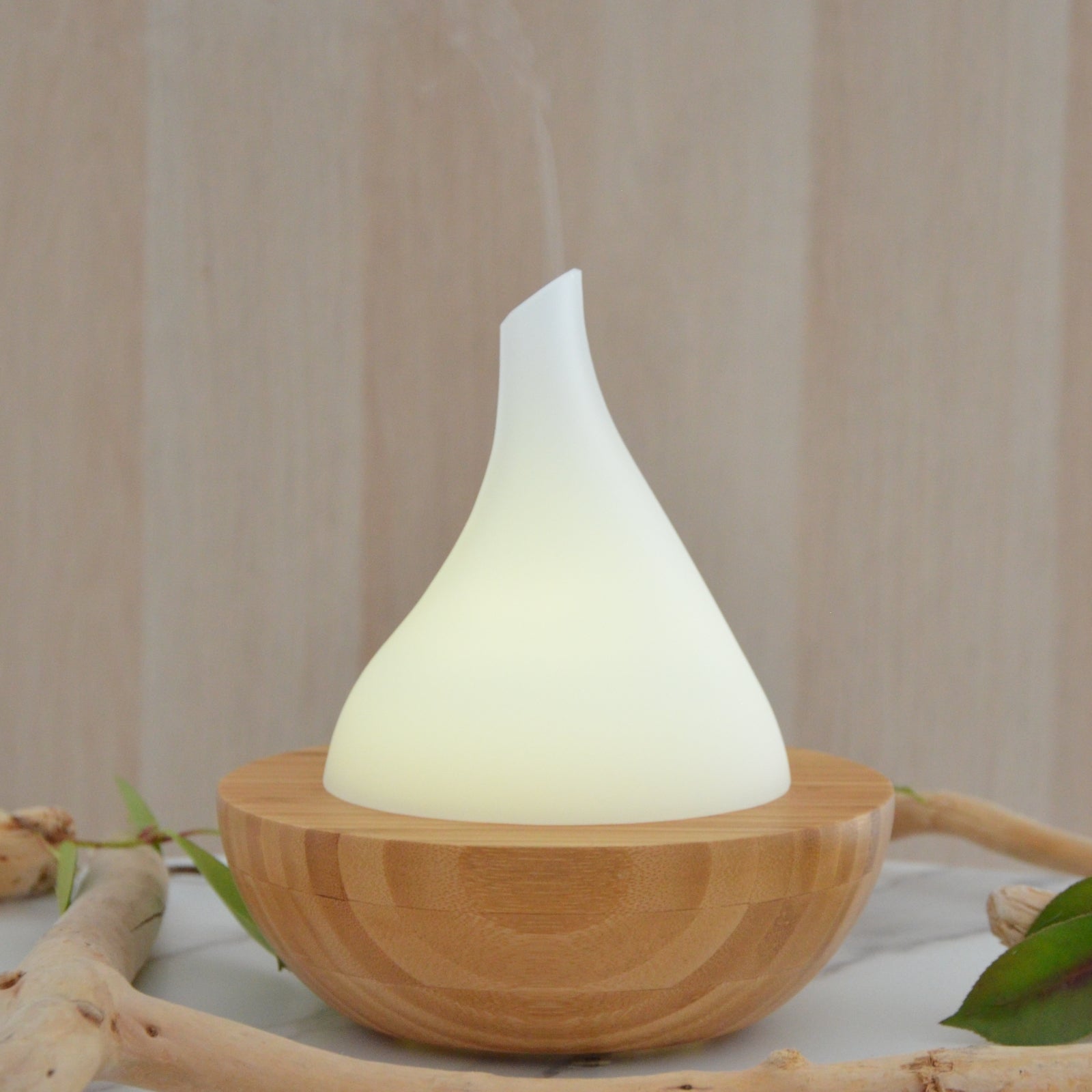 Bamboo Ultrasonic Aroma Diffuser - Pear Shaped White Glass Bowl