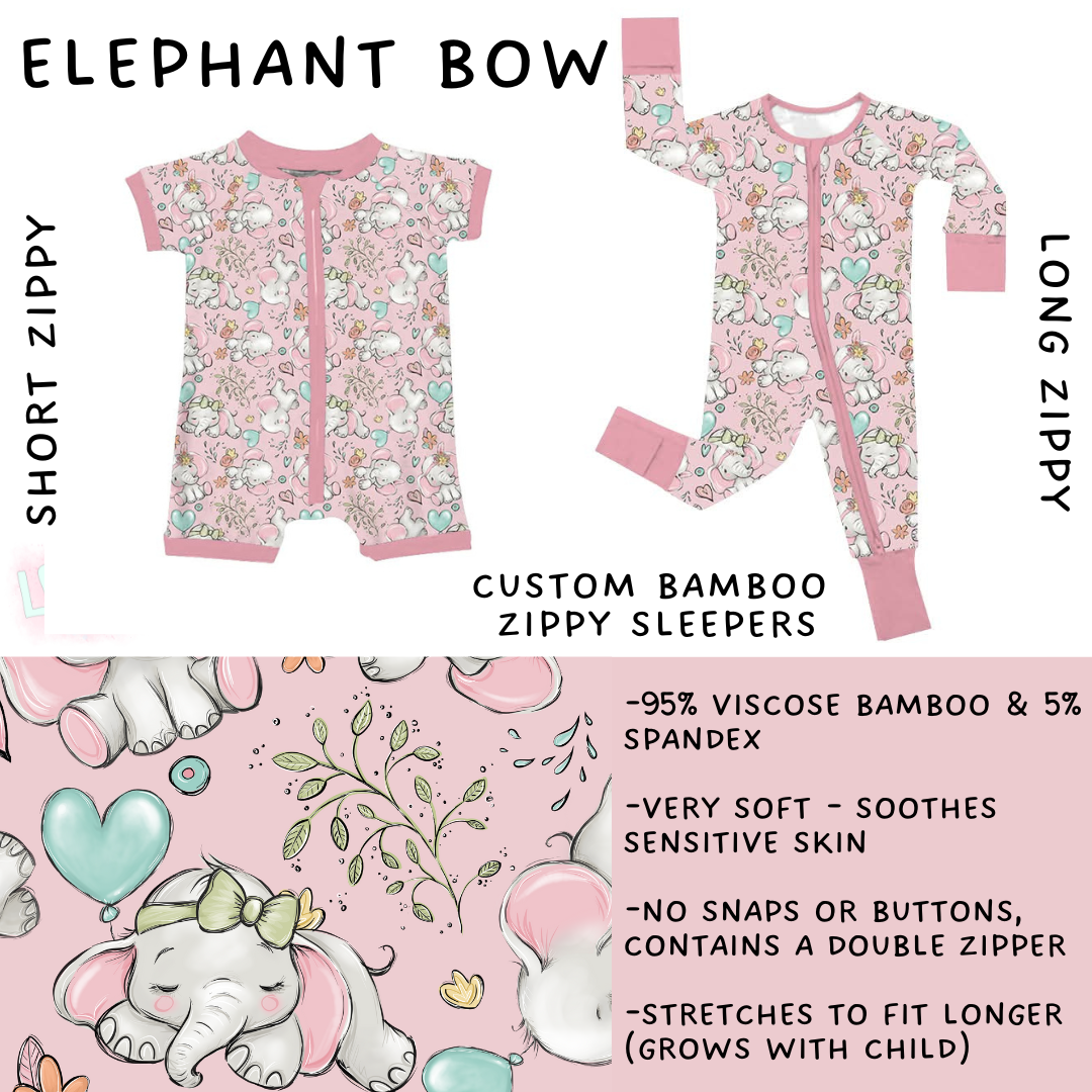 Batch #470 - Little Dreamers 7 - Closes 12/31 - ETA late Feb - Elephant Bow Short and Long Zippy Sleeper