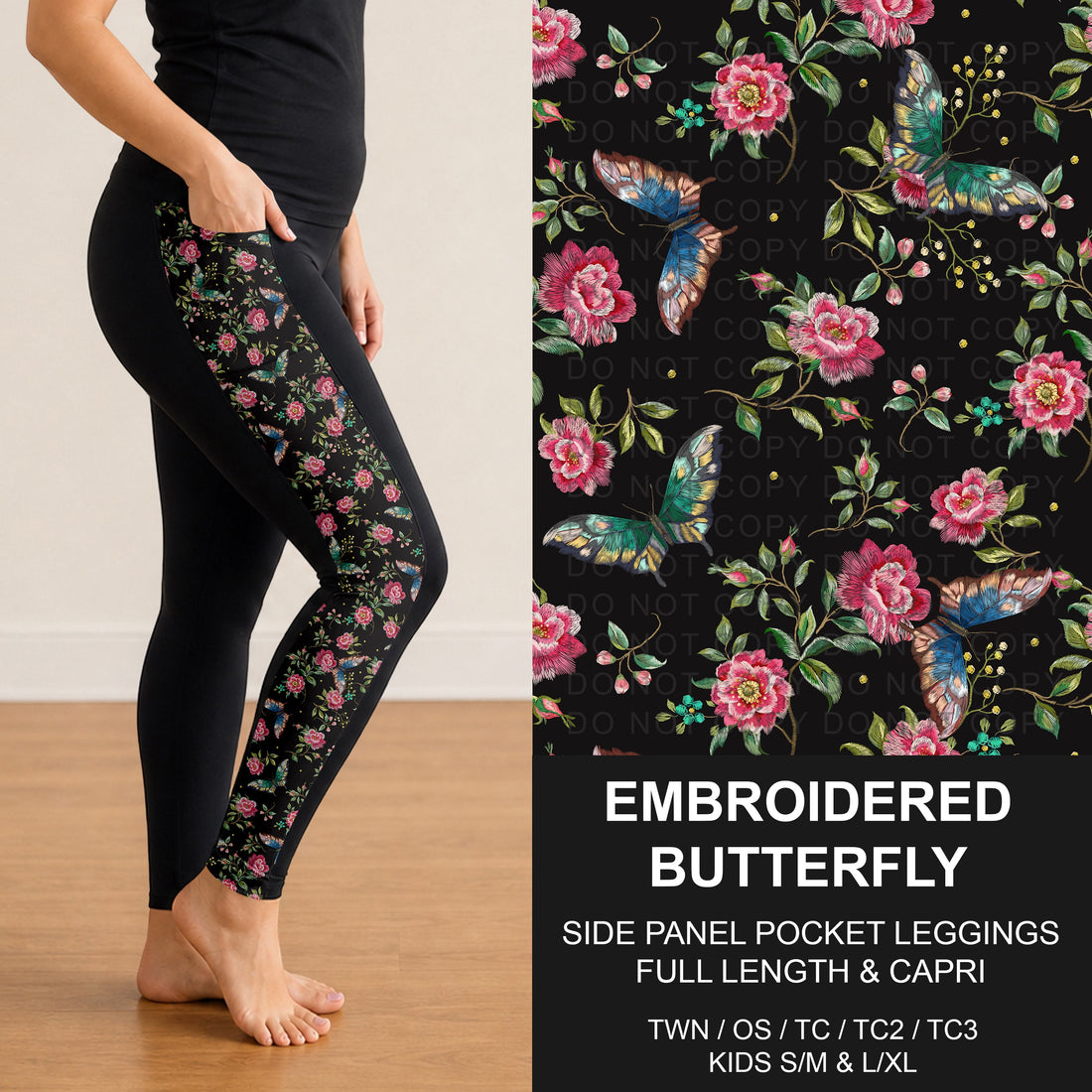 Embroidered Butterfly Side Panel Pocket Leggings