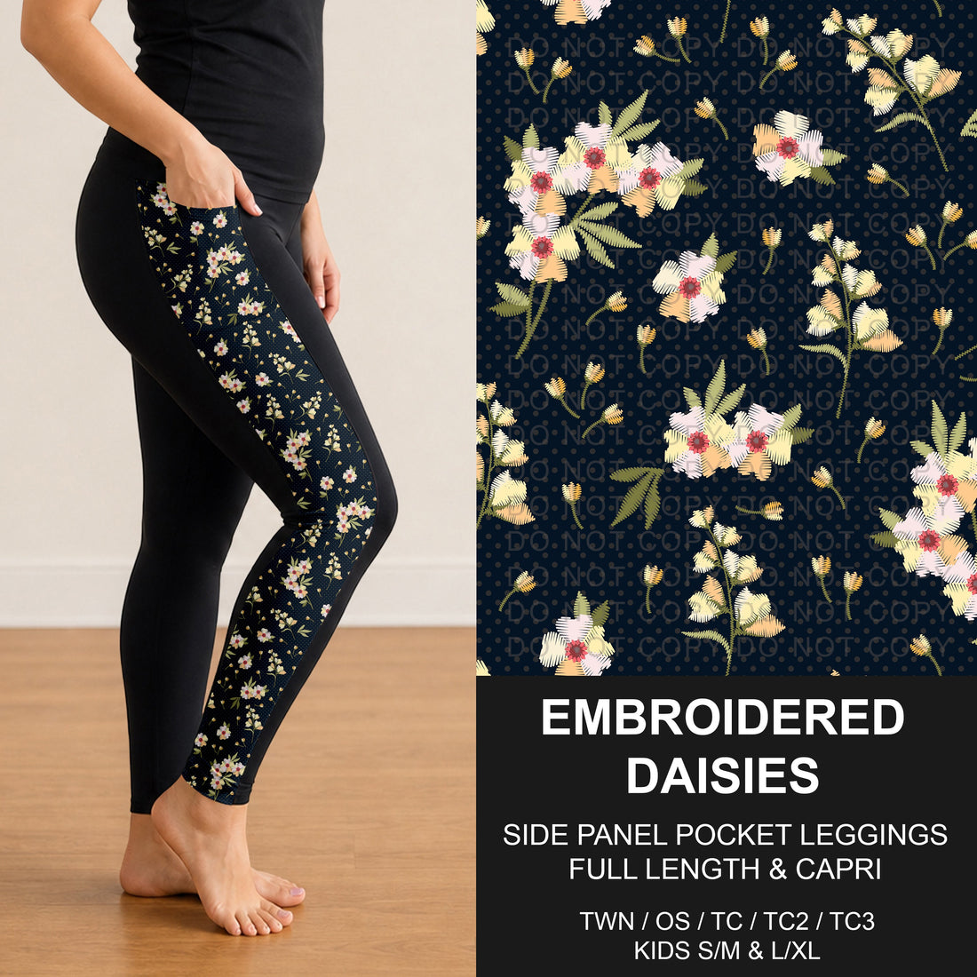 Embroidered Daisies Side Panel Pocket Leggings