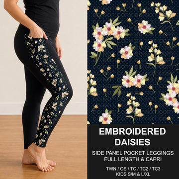 B318 - Preorder Embroidered Daisies Side Panel Pocket Leggings (Closes 10/25. ETA: late Dec.)