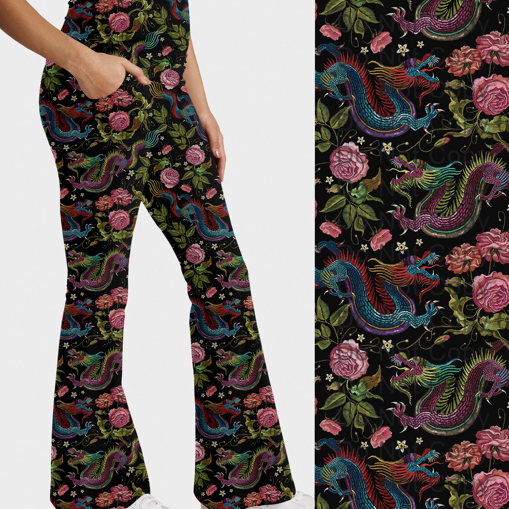 RTS - Embroidered Dragon Flare Leggings w/ Pockets
