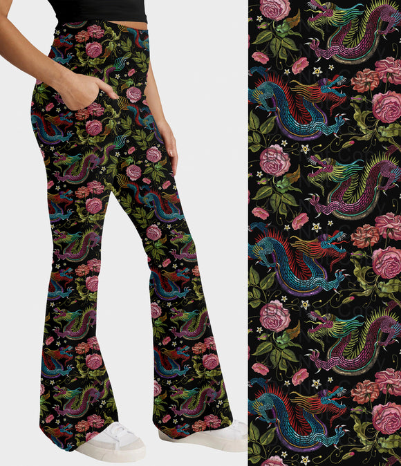 RTS - Embroidered Dragon Flare Leggings w/ Pockets