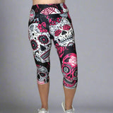 Large Sugar Skull Soft Capri Leggings w/ Pocket In Yoga Band