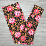 Pink Roses on Golden Leopard Print Leggings