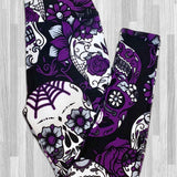 Large Sugar Skull Print Leggings Soft Full Length w/ Pocket In Yoga Band