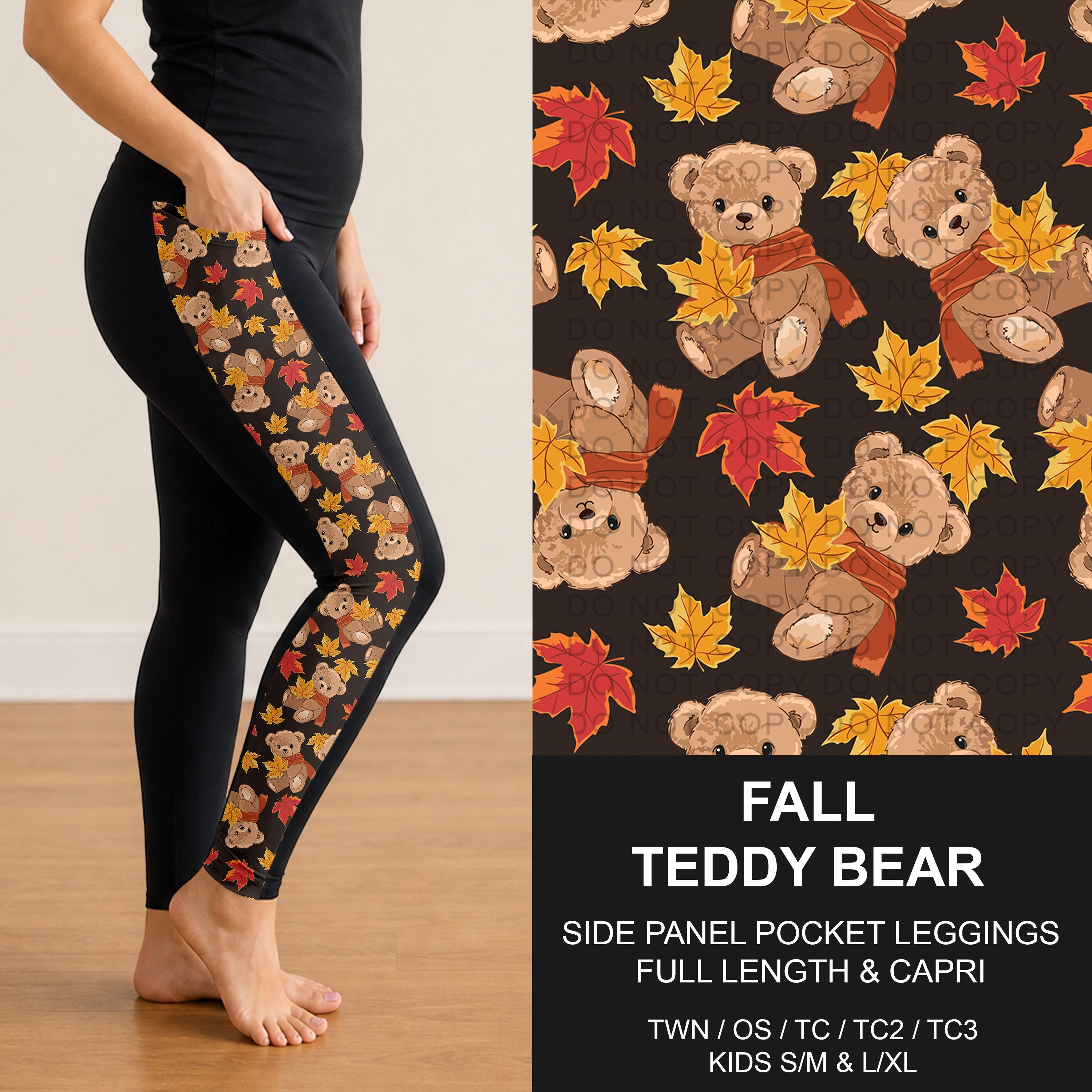 B299 - Preorder Fall Teddy Bear Side Panel Pocket Leggings (Closes 7/12. ETA: mid Sept.)