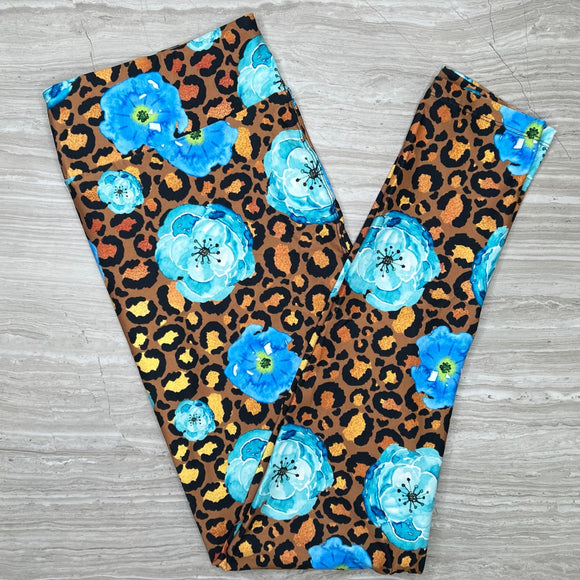 Turquoise Blue Roses on Golden Leopard Print Leggings