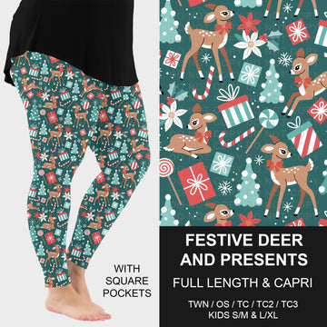 B315 - Preorder Festive Deer and Presents Leggings w/ Pockets (Closes 10/04. ETA: early Dec.)