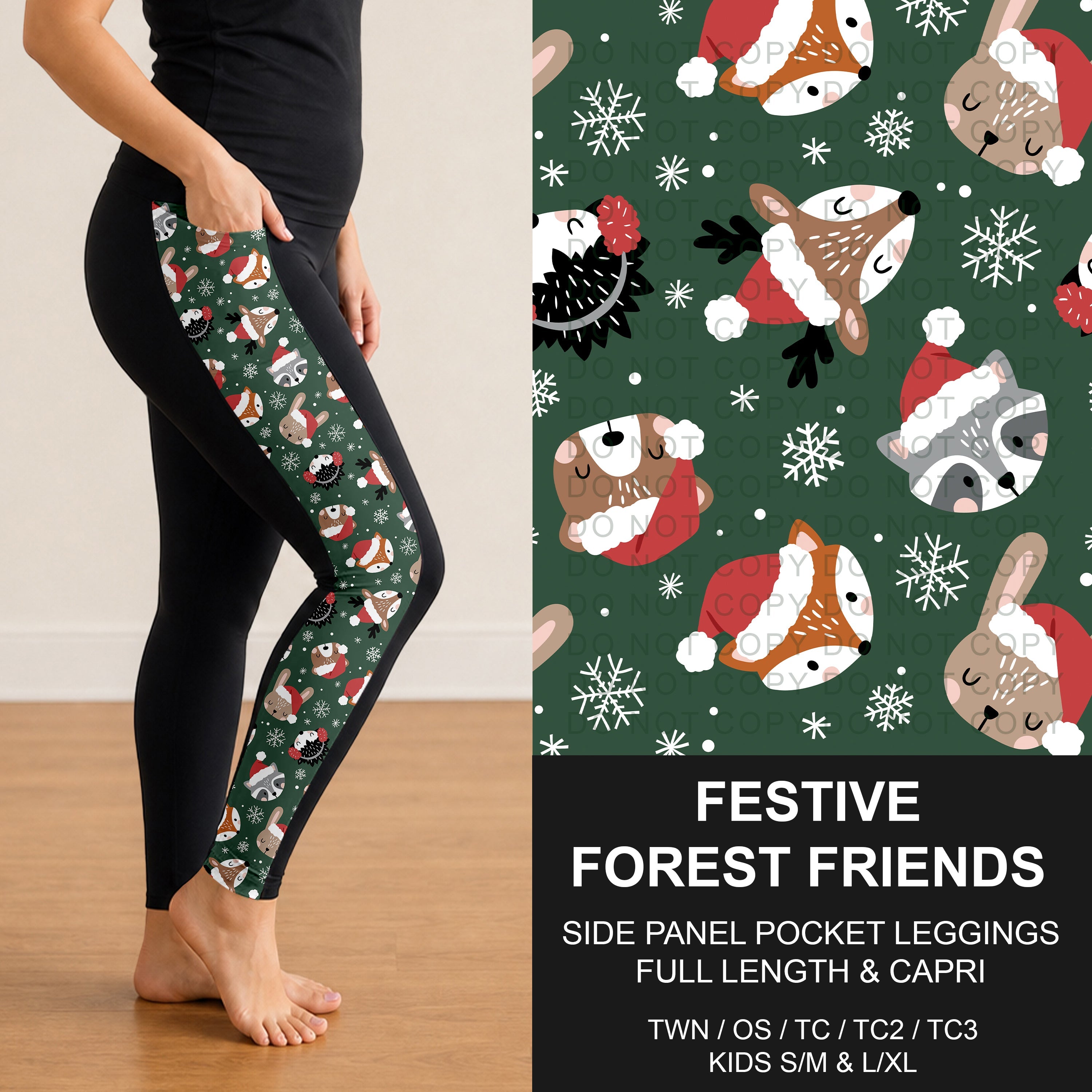 B303 - Preorder Festive Forest Friends Side Panel Pocket Leggings (Closes 7/26. ETA: early Oct.)