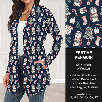 B303 - Preorder Festive Penguin Cardigan w/ Pockets (Closes 7/26. ETA: early Oct.)