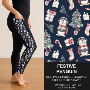 B303 - Preorder Festive Penguin Side Panel Pocket Leggings (Closes 7/26. ETA: early Oct.)