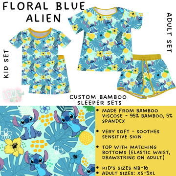 Batch #342 - Family Dreamers - Closes 5/21 - ETA mid July - Floral Blue Alien Adult & Kid's Bamboo Short Sleeper Set