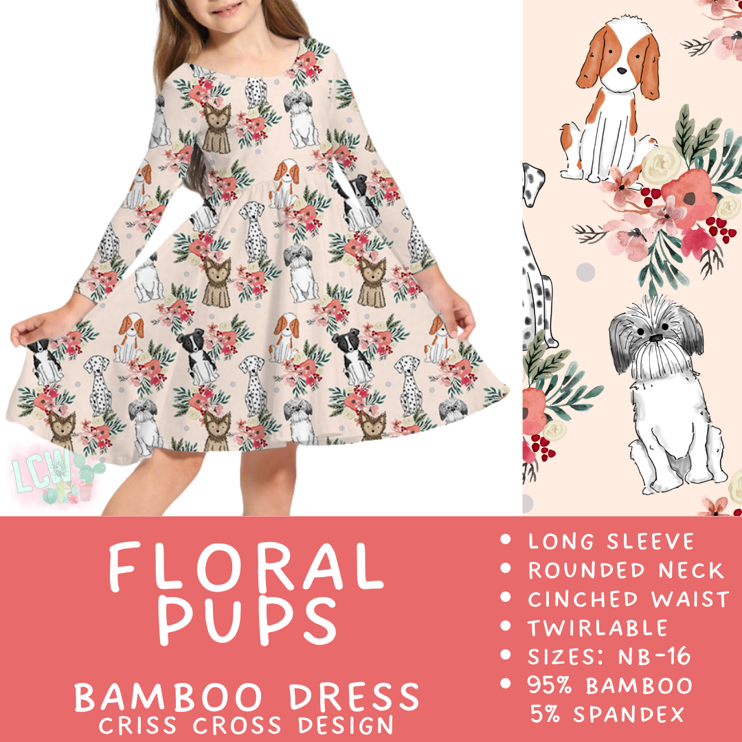 Ready to Ship - Floral Pups Long Sleeve Criss-Cross Bamboo Dress - 4 & 10