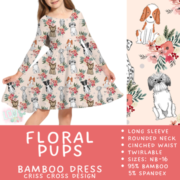 Ready to Ship - Floral Pups Long Sleeve Criss-Cross Bamboo Dress - 4 & 10