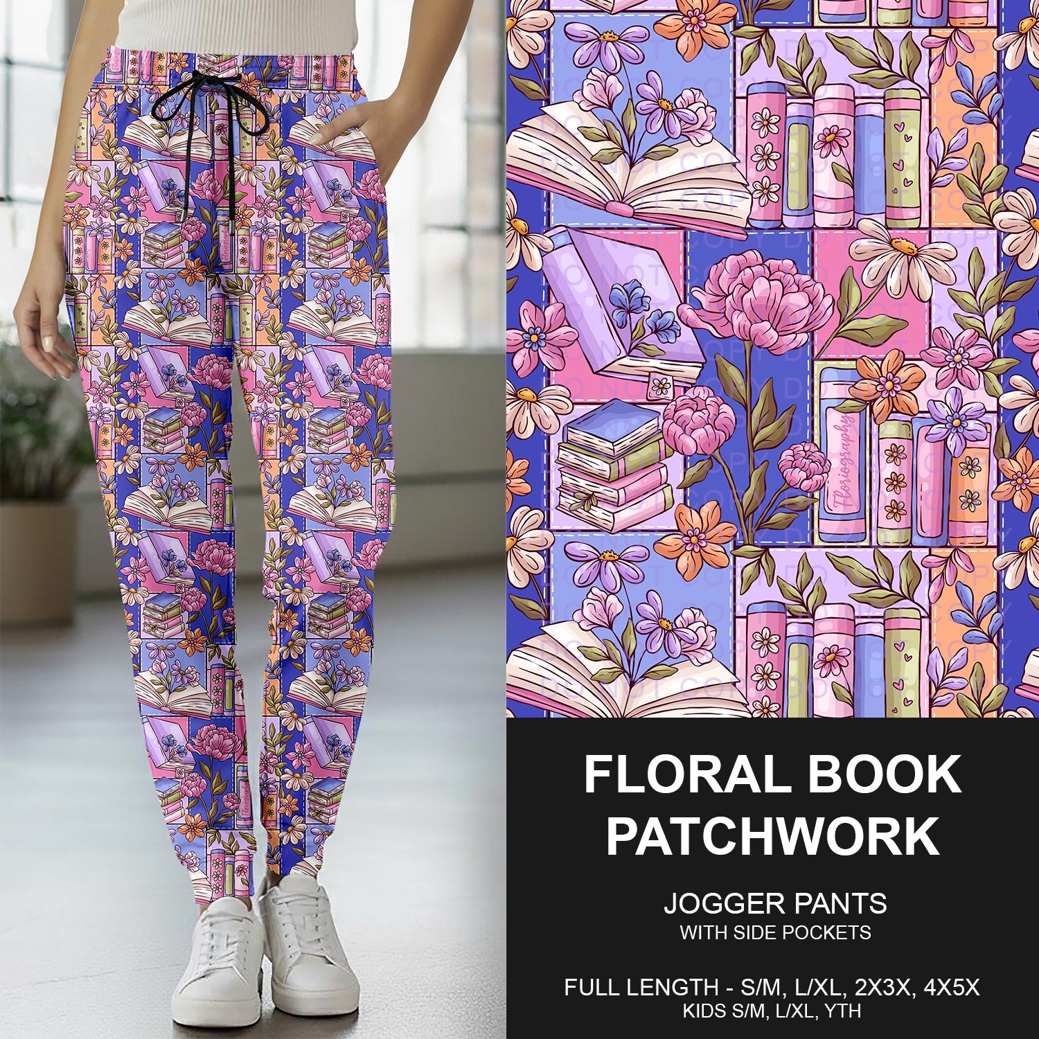 B265 - Preorder Floral Book Patchwork Joggers (Closes 12/14. ETA mid Feb..)