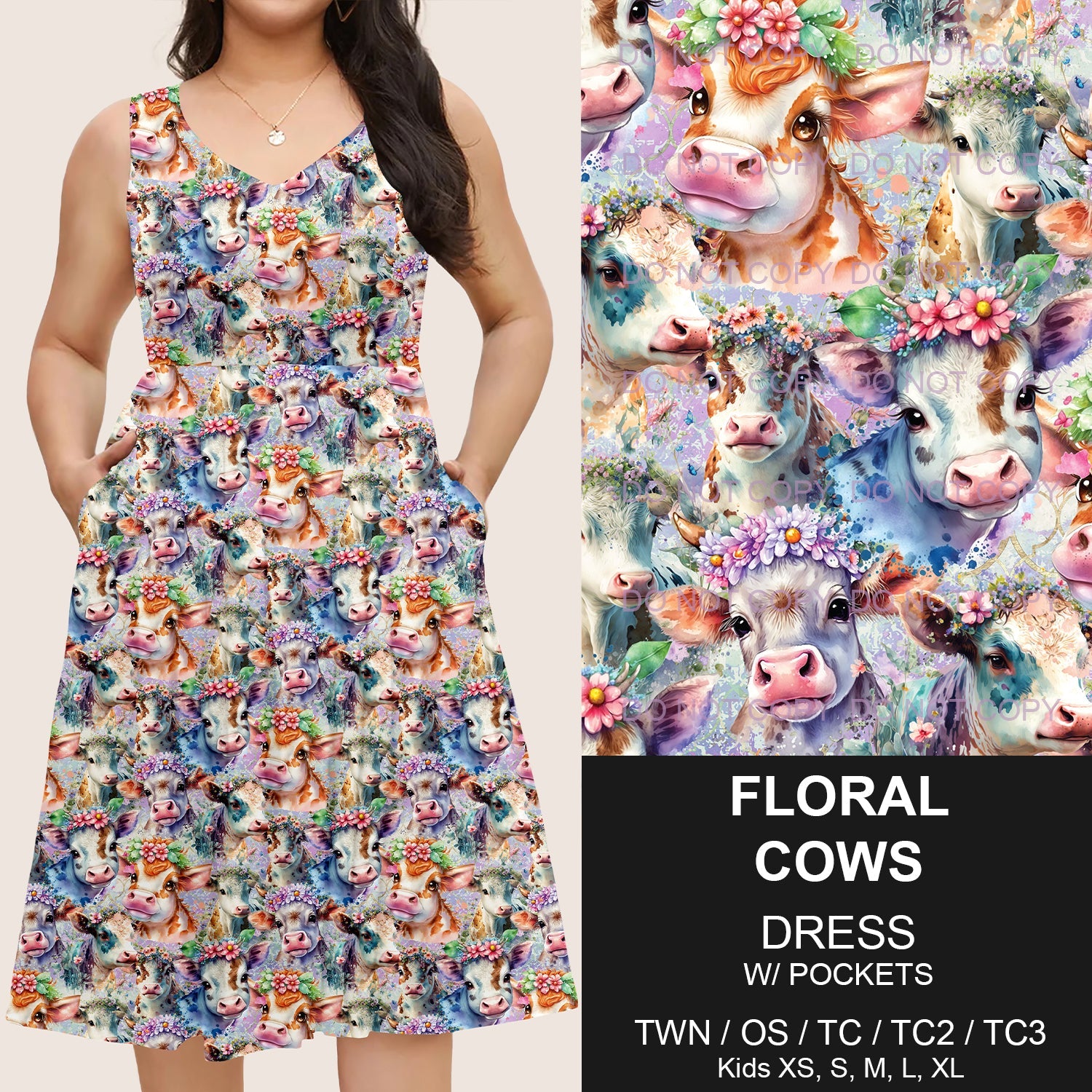 B217 - Preorder Floral Cows Sleeveless Pocket Dress (Closes 3/12. ETA: late May)