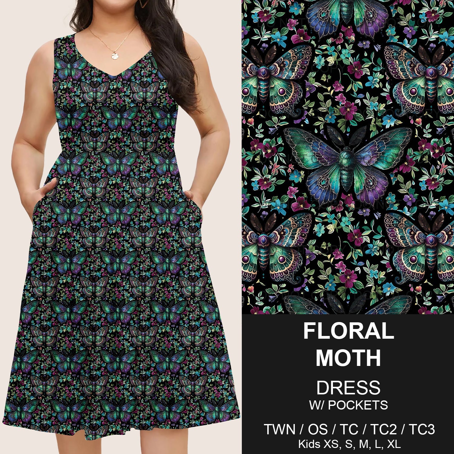 B217 - Preorder Floral Moth Sleeveless Pocket Dress (Closes 3/12. ETA: late May)