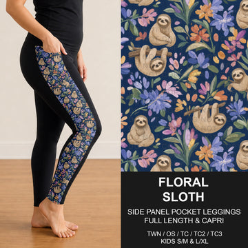 B317 - Preorder Floral Sloth Side Panel Pocket Leggings (Closes 10/18. ETA: late Dec.)