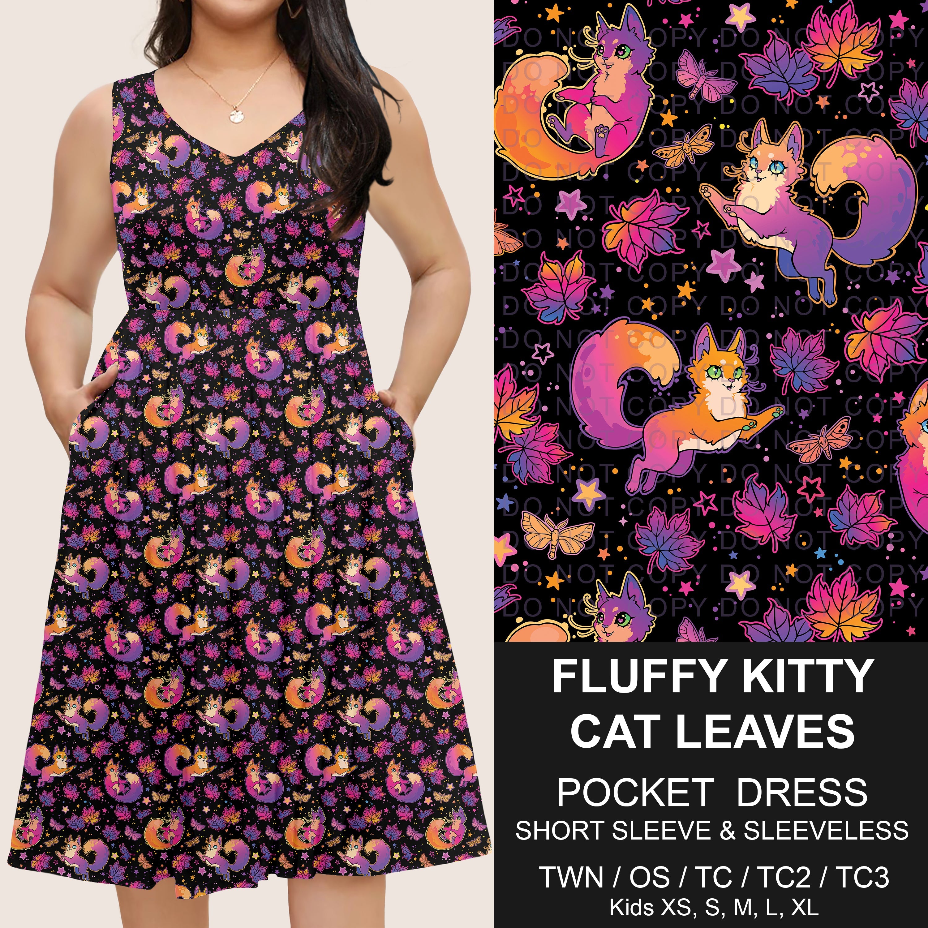 B302 - Preorder Fluffy Kitty Cat Leaves Pocket Dress (Closes 7/24. ETA: early Oct)