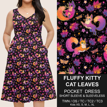B302 - Preorder Fluffy Kitty Cat Leaves Pocket Dress (Closes 7/24. ETA: early Oct)