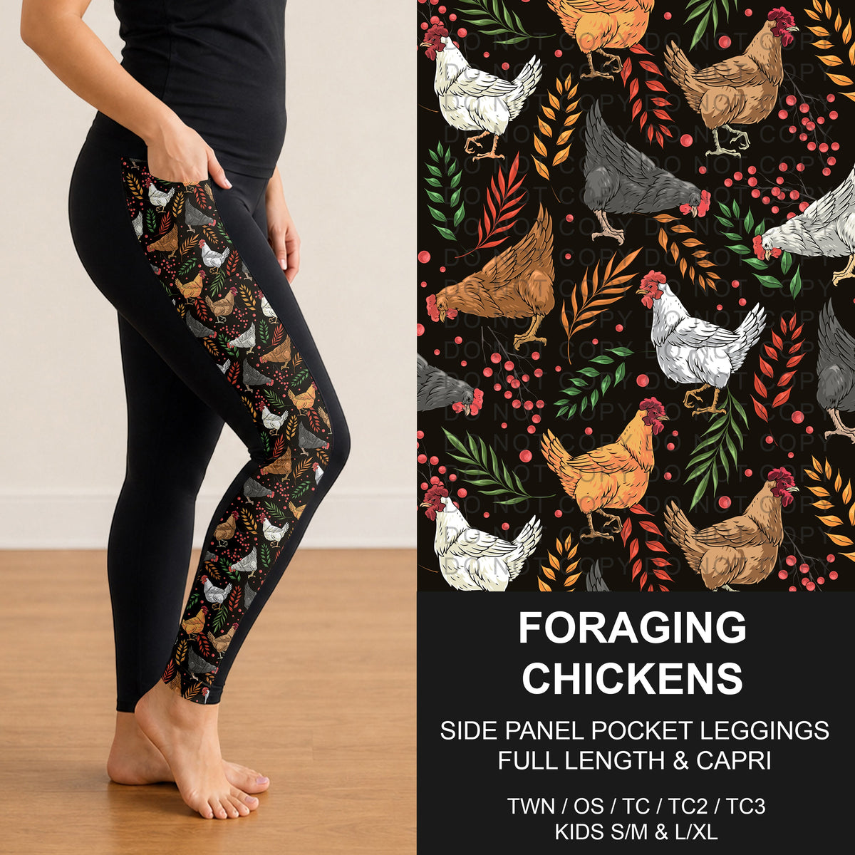 B318 - Preorder Foraging Chickens Side Panel Pocket Leggings (Closes 10/25. ETA: late Dec.)