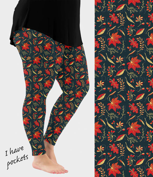 RTS - Falling Leaves on Navy Leggings w/ Pockets