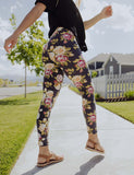Red & Yellow Rose Print Gray Leggings