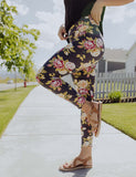 Red & Yellow Rose Print Gray Leggings