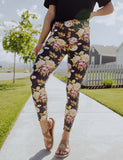 Red & Yellow Rose Print Gray Leggings