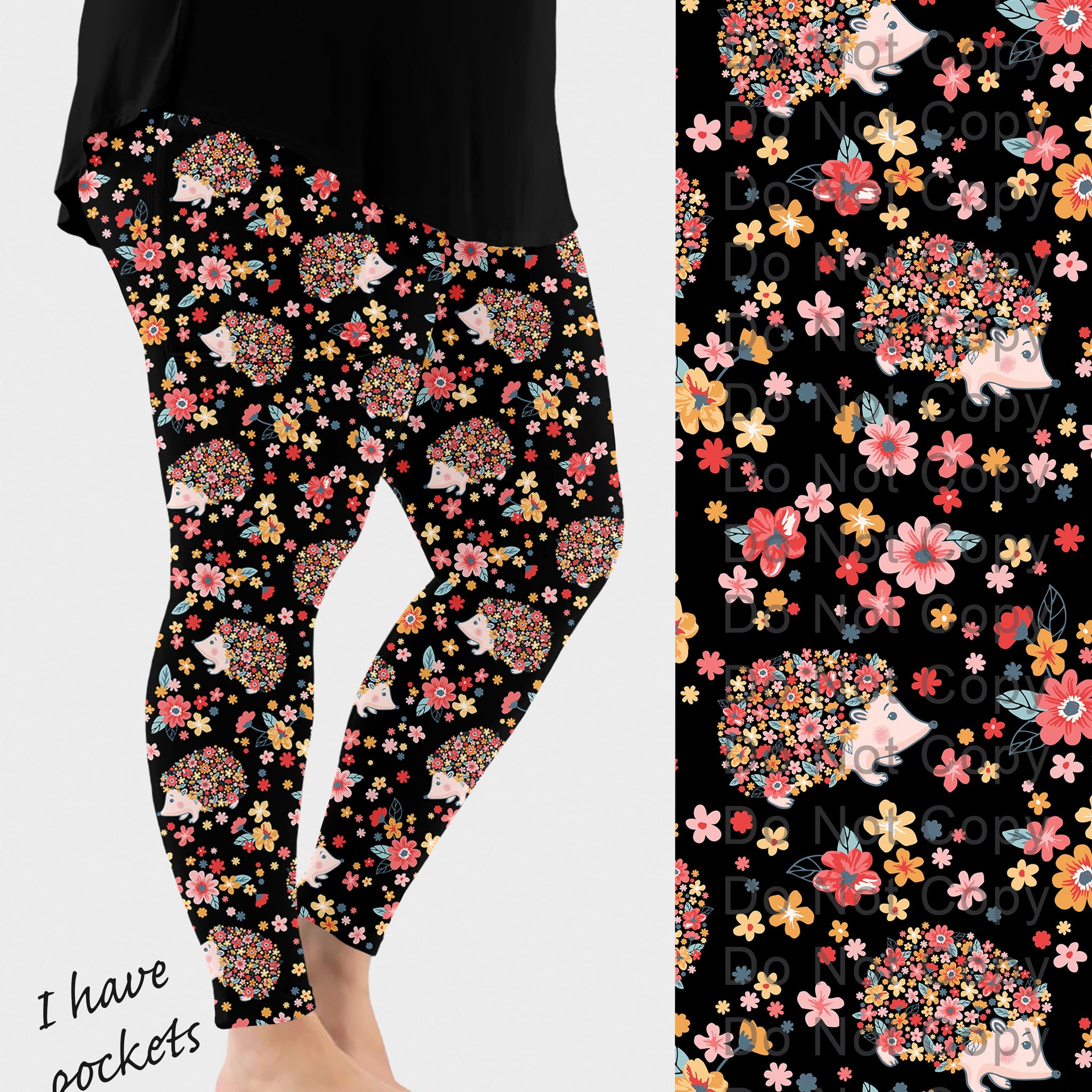 RTS - Floral Hedgehog Leggings w/ Pockets