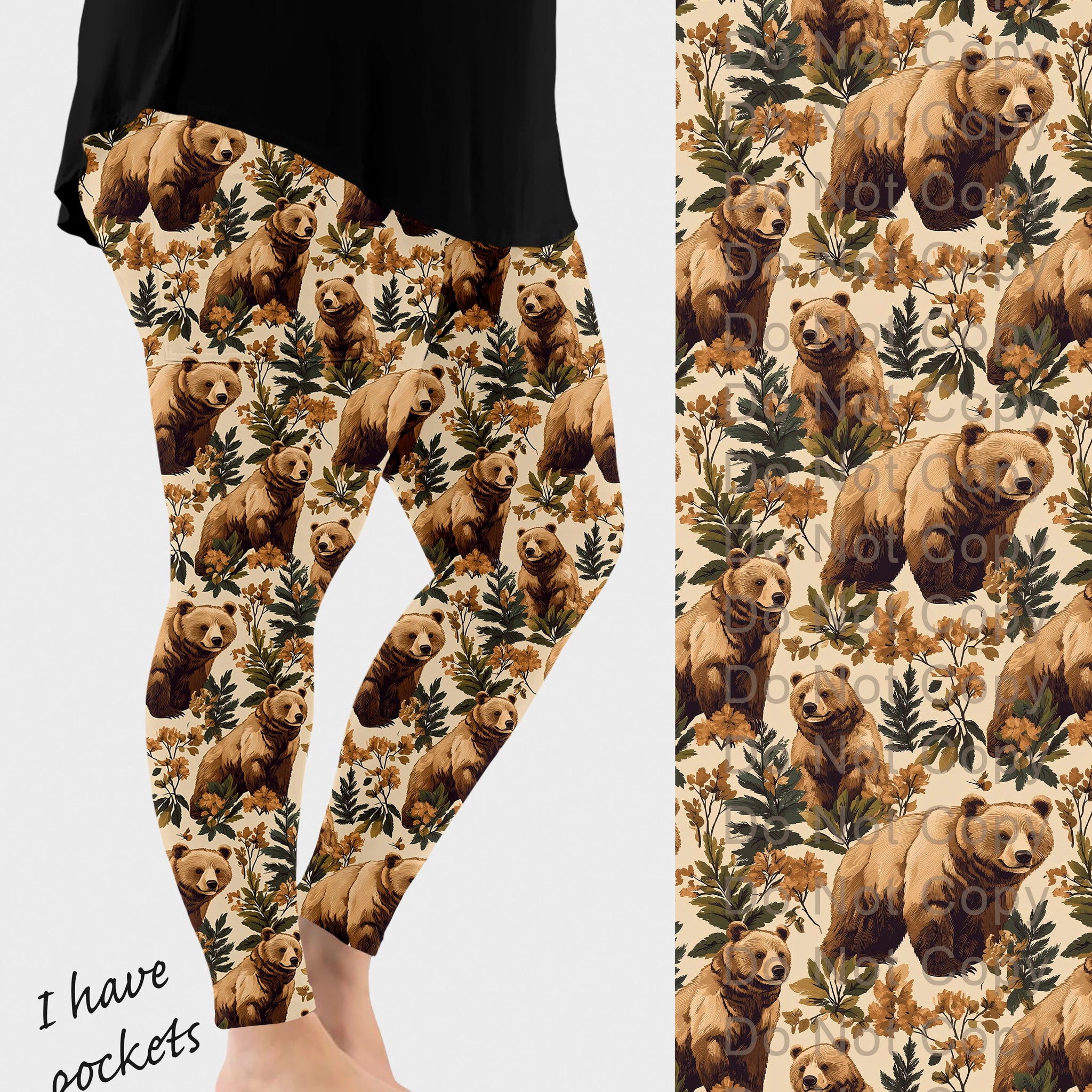 RTS - Floral Grizzly Bear Leggings w/ Pockets