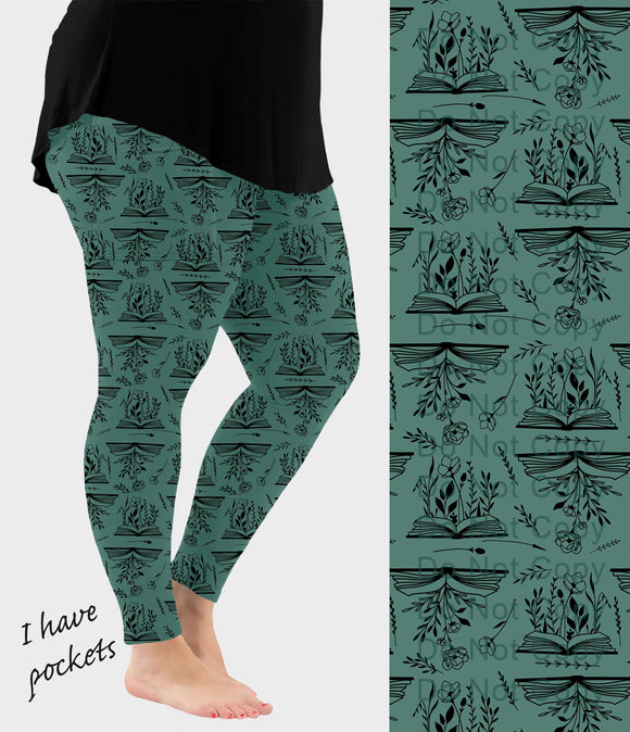 RTS - Floral Teal Books Leggings w/ Pockets
