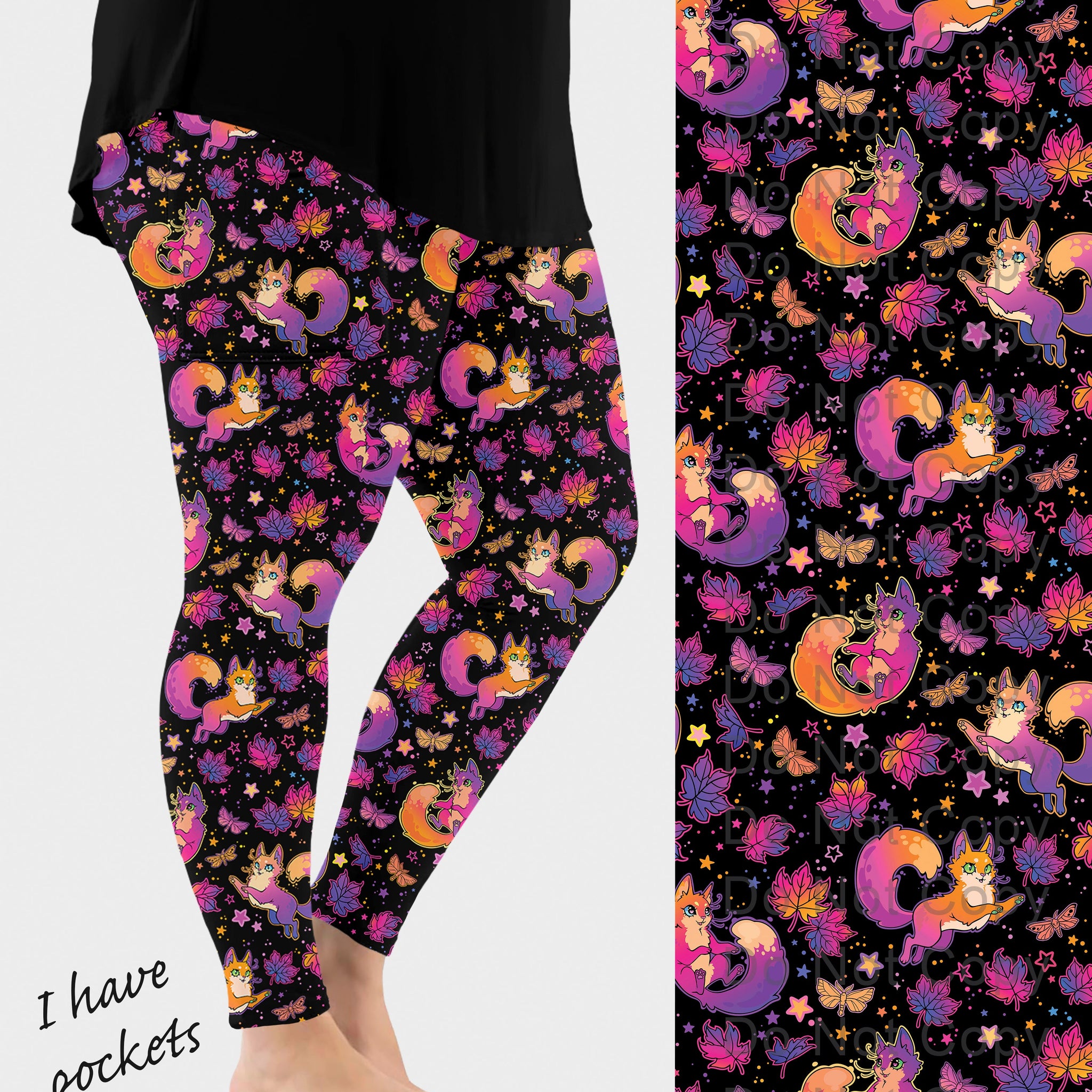 RTS - Fluffy Kitty Cat Leaves Leggings w/ Pockets
