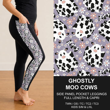 B307 - Preorder Ghostly Moo Cows Side Panel Pocket Leggings (Closes 8/02. ETA: early Oct.)