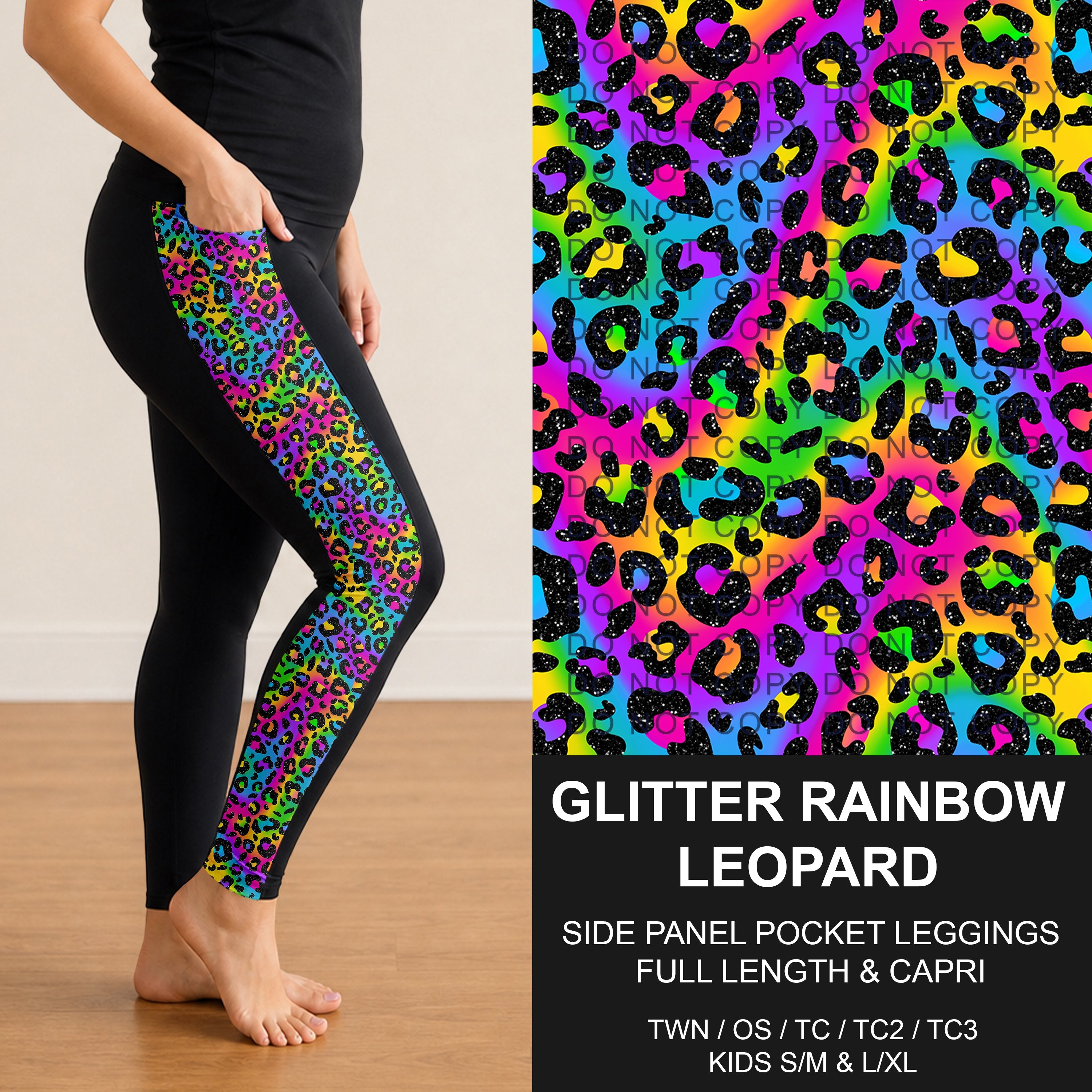 B300 - Preorder Glitter Rainbow Leopard Side Panel Pocket Leggings (Closes 7/15. ETA: mid Sept.)