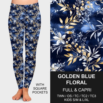 B208 - Preorder Golden Blue Floral Leggings w/ Pockets (Closes 1/26. ETA: early May)