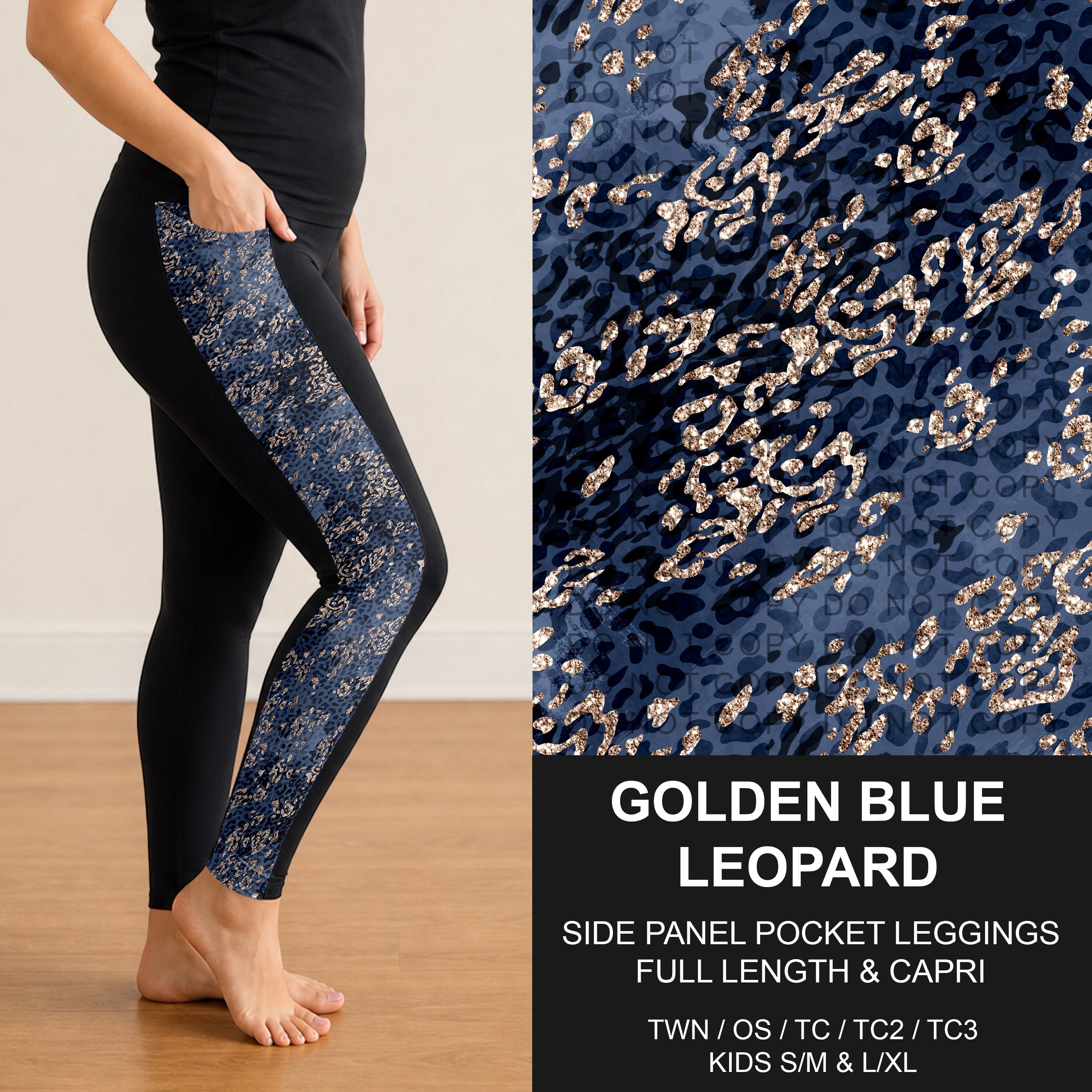 B300 - Preorder Golden Blue Leopard Side Panel Pocket Leggings (Closes 7/15. ETA: mid Sept.)