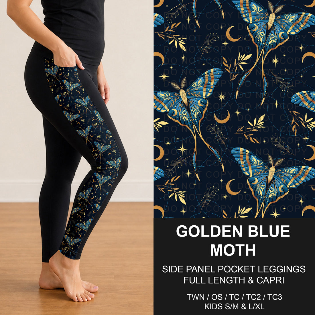 Golden Blue Moth Side Panel Pocket Leggings