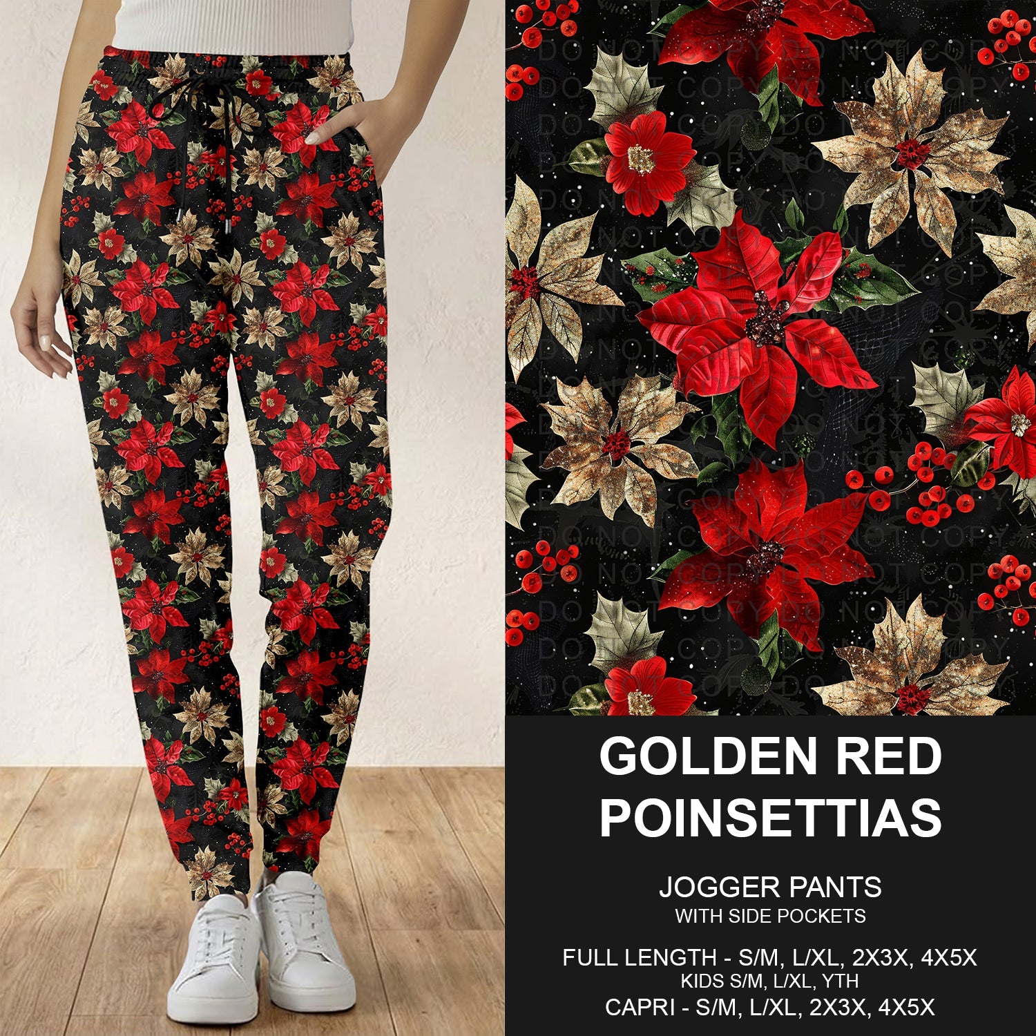B303 - Preorder Golden Red Poinsettias Joggers (Closes 7/26. ETA: early Oct.)