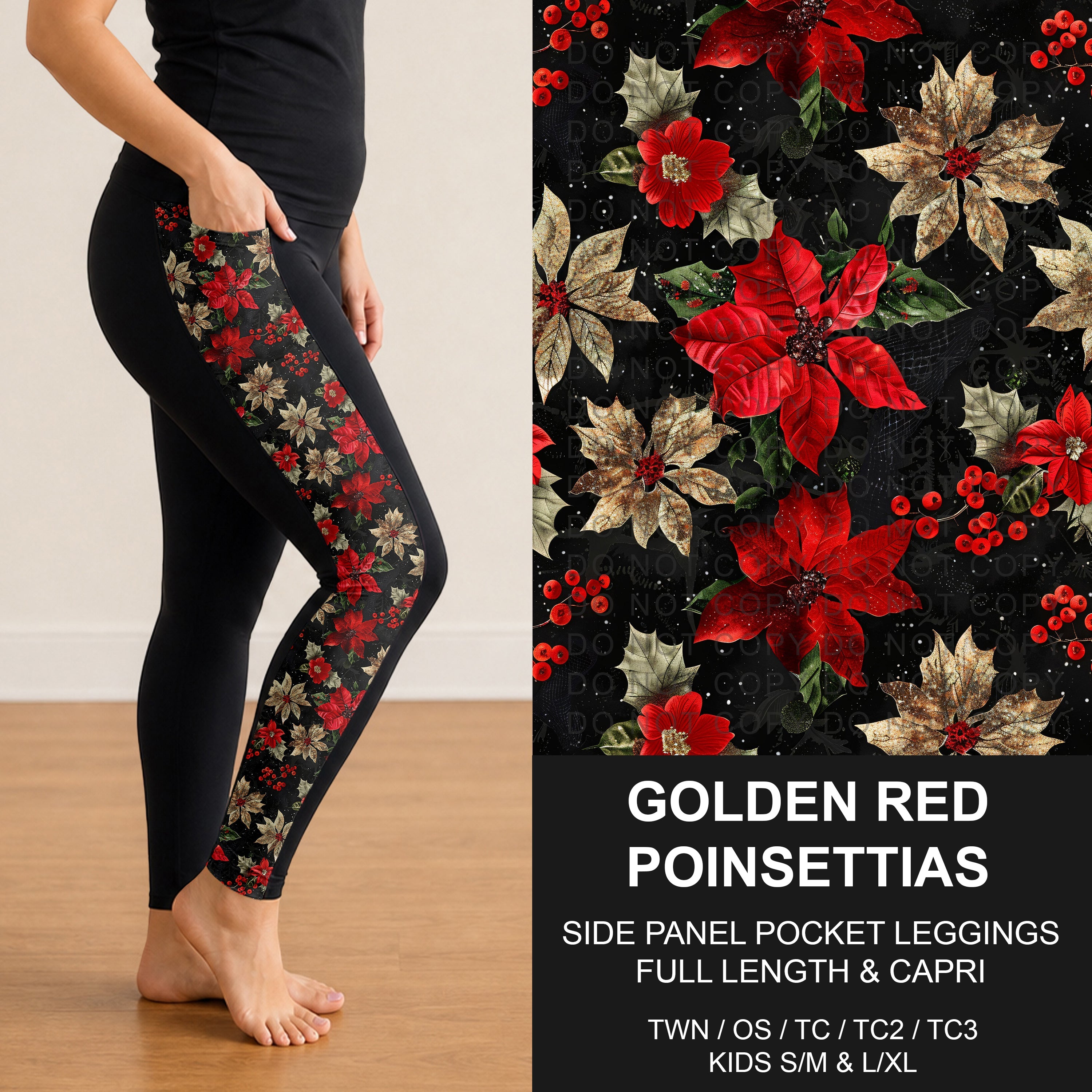 B303 - Preorder Golden Red Poinsettias Side Panel Pocket Leggings (Closes 7/26. ETA: early Oct.)