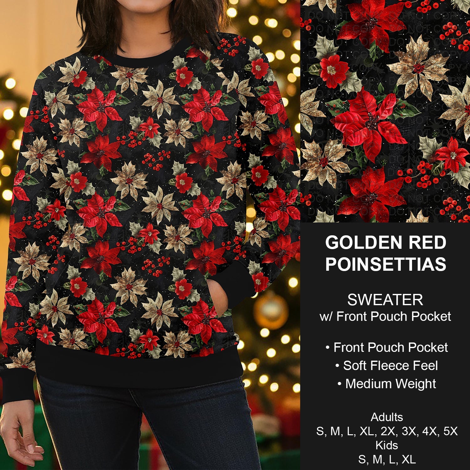 B303 - Preorder Golden Red Poinsettias Sweater w/ Front Pocket (Closes 7/26. ETA early Oct.)