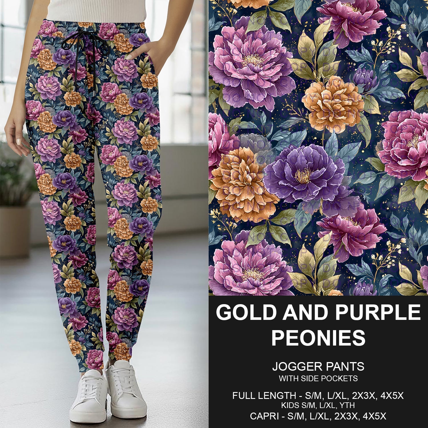B278 - Preorder Gold and Purple Peonies Joggers (Closes 3/15. ETA: late May)